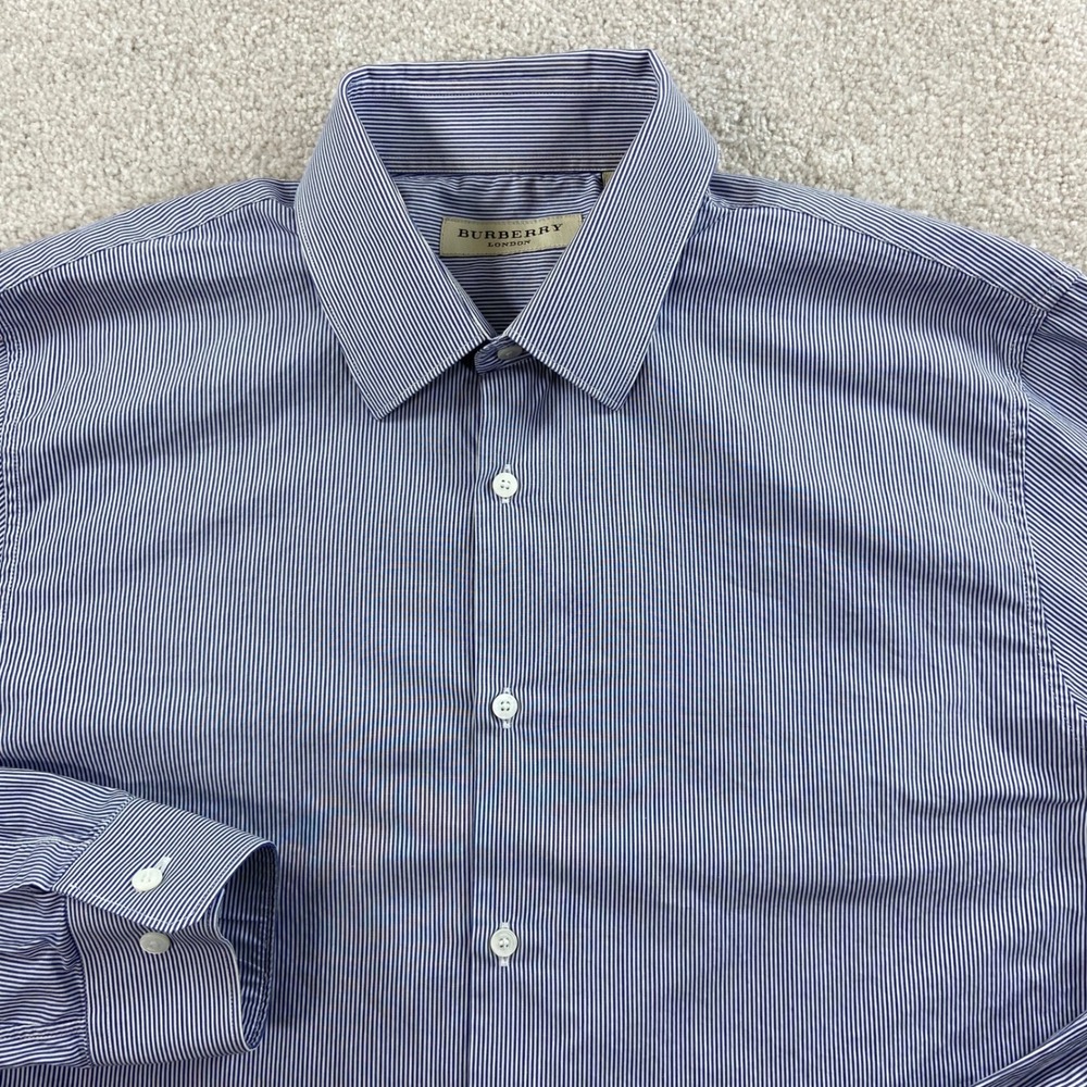 Burberry Button Down Shirt Mens 15.5 Blue White Micro Stripe Slim Long Sleeve